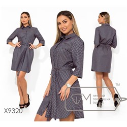 Платье-рубашка миди прямое из коттона под пояс с рукавами 3/4, застёжкой по всей длине и боковыми разрезами X9320