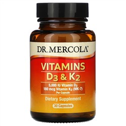 Dr. Mercola, витамины D3 и K2, 30 капсул
