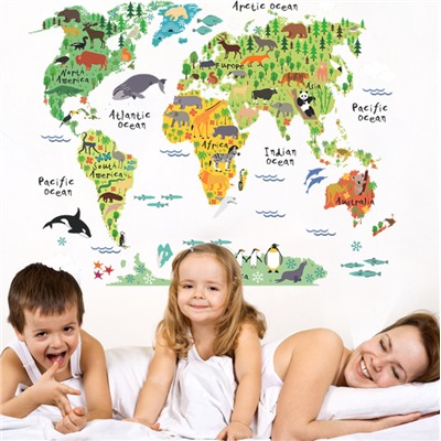Наклейка многоразовая "Карта мира с Животными"