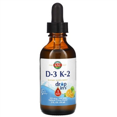 KAL, Витамины D3 и К2 в каплях, с натуральным цитрусовым вкусом, 59 мл (2 жидк. унции)
