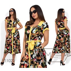 Платье-халат прямого кроя с цветочным принтом, контрастным воротником, манжетами и съемным поясом по талии X11022