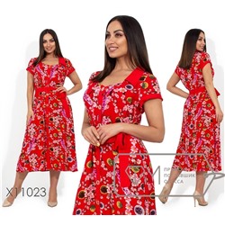 Платье-халат прямого кроя с цветочным принтом, контрастным воротником, манжетами и съемным поясом по талии X11023