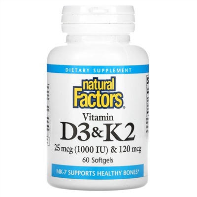 Natural Factors, витамины D3 и К2, 60 мягких таблеток