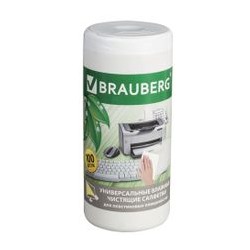 Чистящие салфетки BRAUBERG "Power Clean", в тубе, 100 шт., влажные, для пластика, 510123