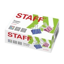 Зажимы для бумаг STAFF, КОМПЛЕКТ 12 шт., 41 мм, на 200 листов, цветные, картонная коробка, 225159