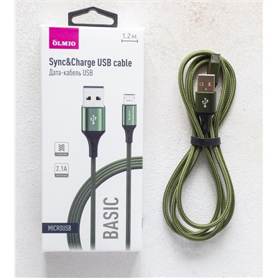Кабель BASIC, USB 2.0 - microUSB, 1.2м, 2.1A, зеленый, OLMIO