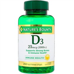 Nature's Bounty, D3, 25 мкг (1000 МЕ), 250 мягких таблеток ускоренного высвобождения
