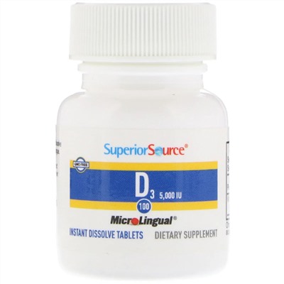 Superior Source, витамин D3 повышенной силы действия, 125 мкг (5000 МЕ), 100 быстрорастворимых таблеток MicroLingual