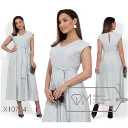 Платье-миди прямого кроя с серебряным напылением, V-образным вырезом, съемным поясом по отрезной талии и прорезными карманами по бокам X10704
